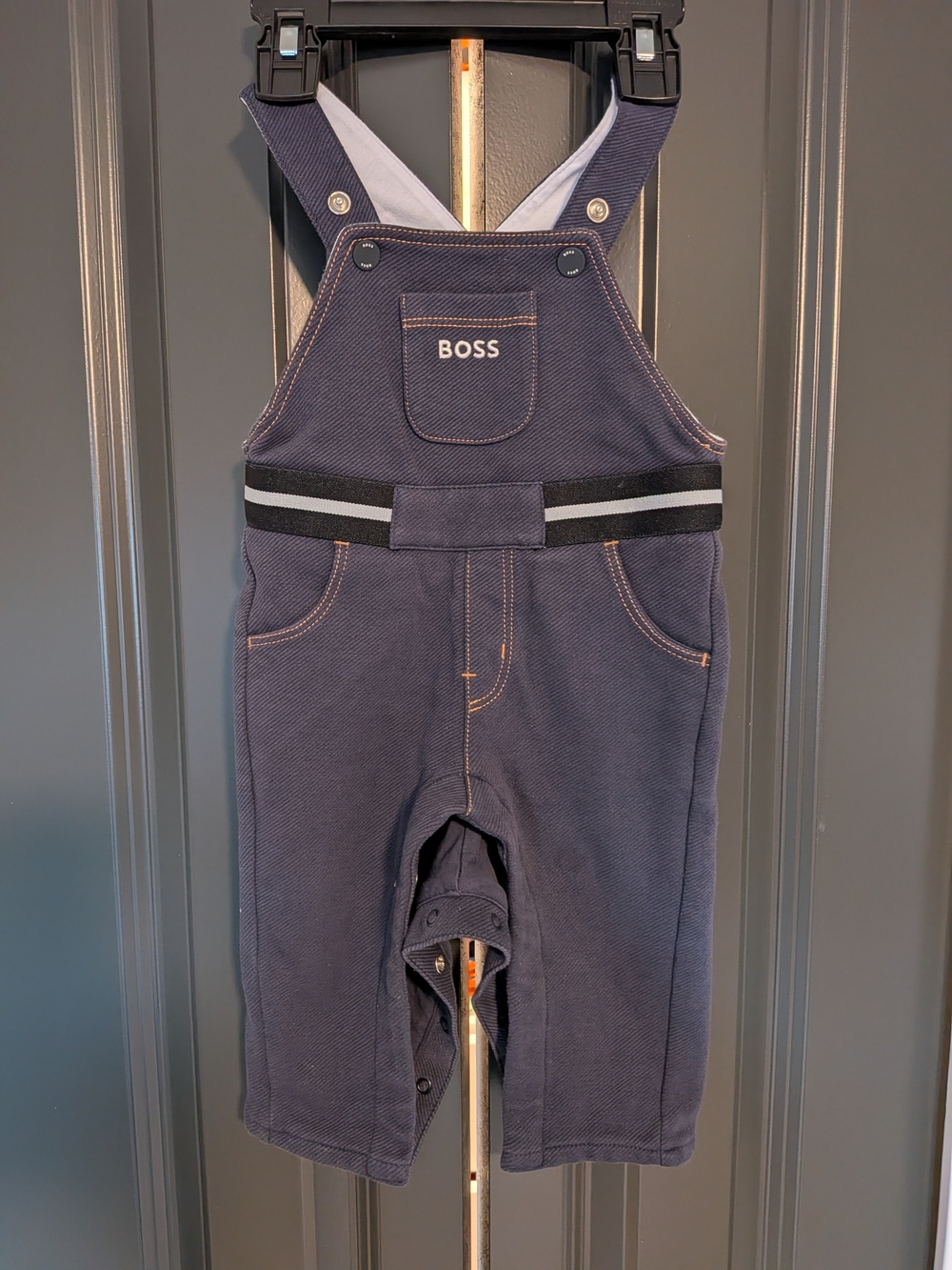 BOSS Navy Overalls with Black & White Waist Stripe
